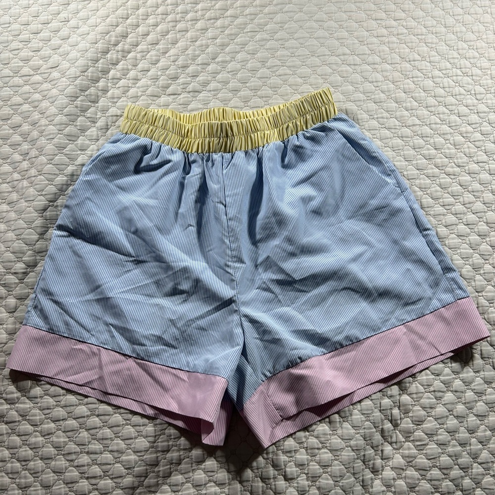 SHEIN Blue and Pink Women's Shorts with Yellow Waistband
